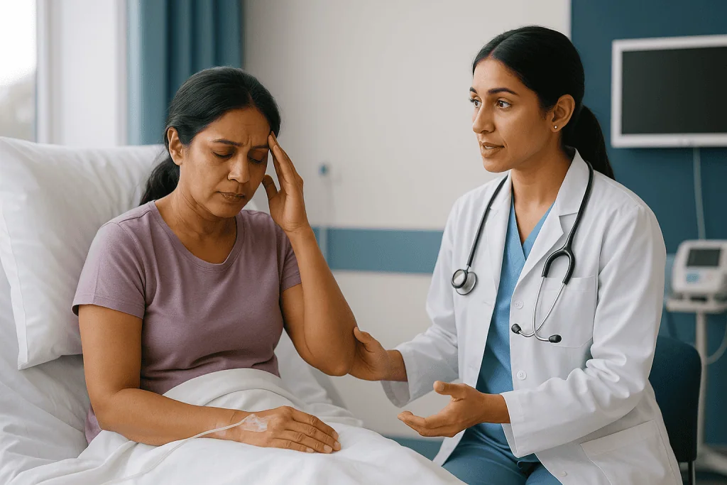 Doctor consulting with patient in hospital room: What are the dengue warning signs hospital teams watch for?