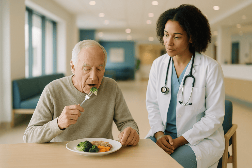 Elderly patient eating healthy food with doctor supervising: What are the different categories of neurodegenerative diseases
