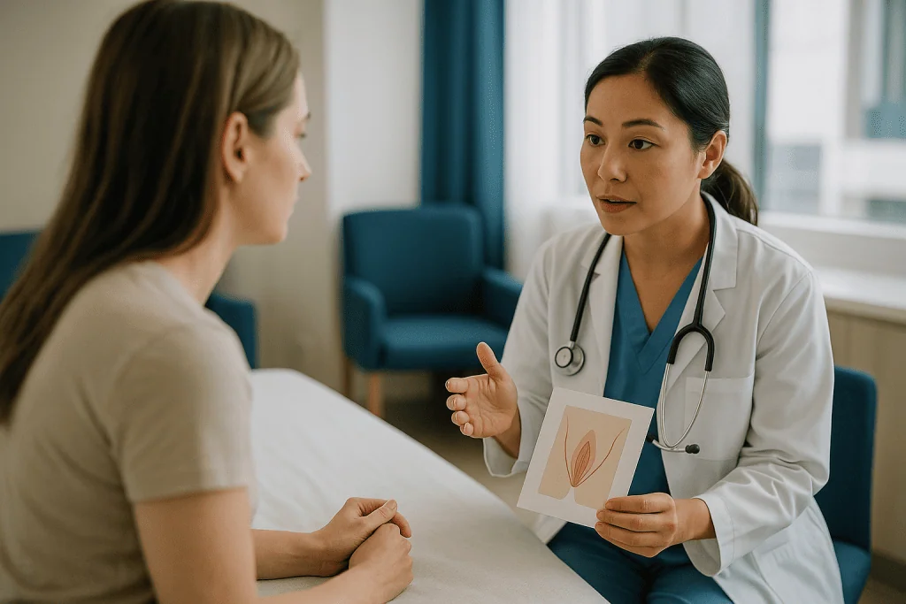 Female doctor consulting patient with anatomical diagram — What are the different types of labiaplasty?