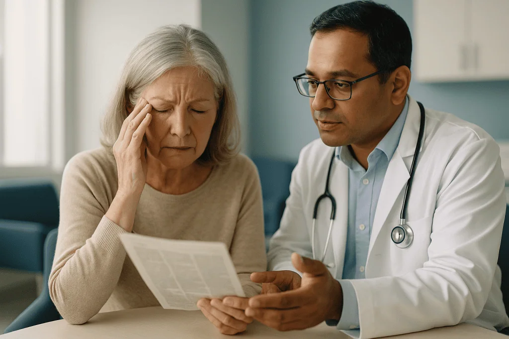Doctor consulting with older patient holding document: What are the early signs of cataracts, and why are they easy to blame