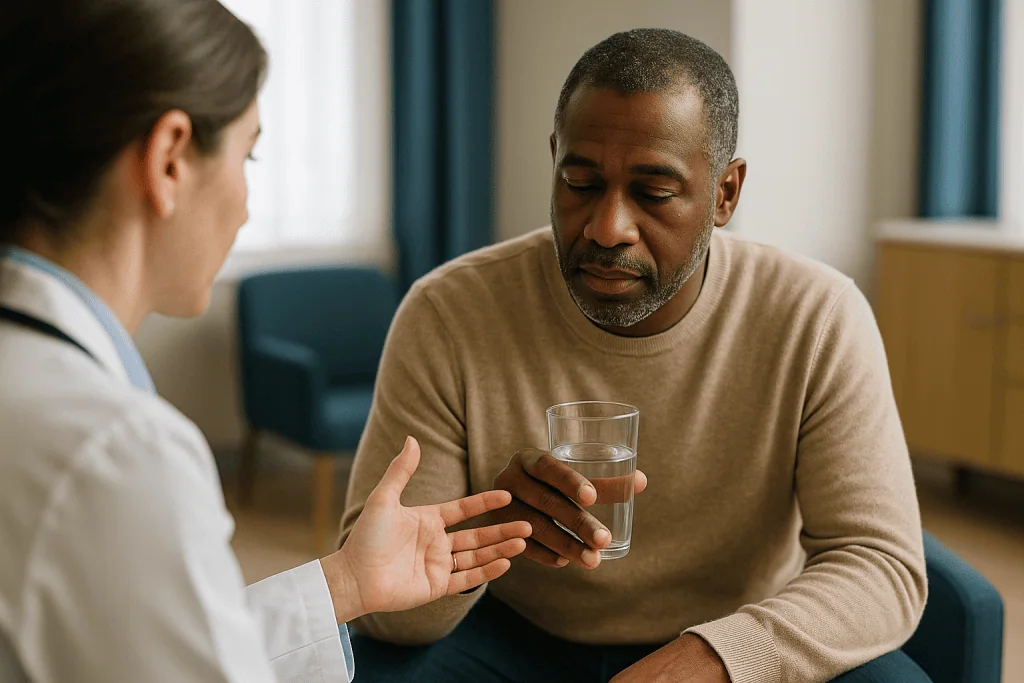 Doctor consulting patient in clinic setting: What are the early signs of renal amyloidosis?