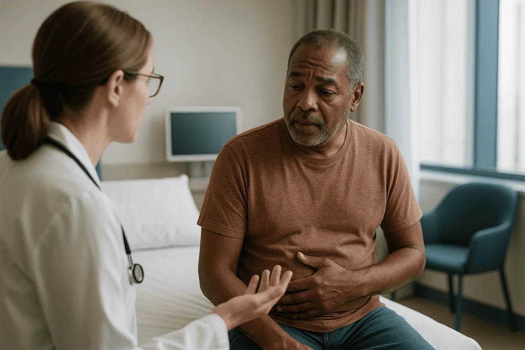 Doctor consulting with patient about abdominal symptoms: What are the early symptoms of tubulointerstitial nephritis?
