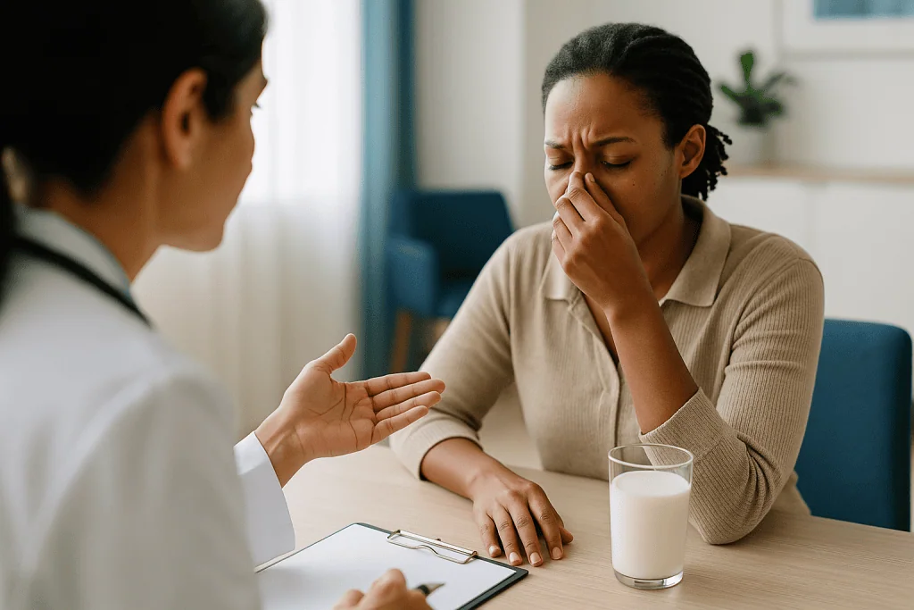 Patient in medical consultation with healthcare provider: What are the first signs of a milk allergy?