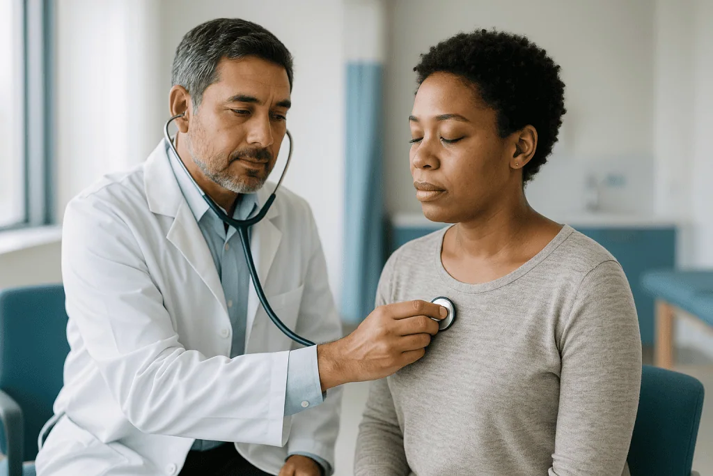 Doctor performing stethoscope chest examination on adult patient: What are the first signs of asthma in adults, and what doe