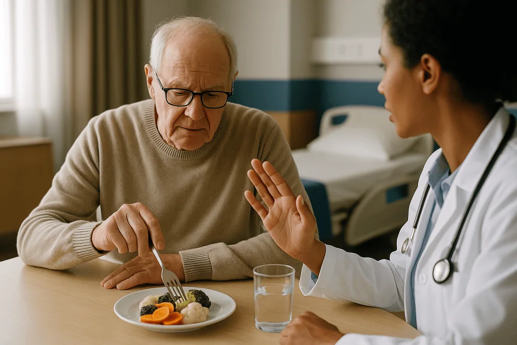 Senior man with doctor discussing nutrition and meal planning: What are the first signs of neurodegenerative disease?