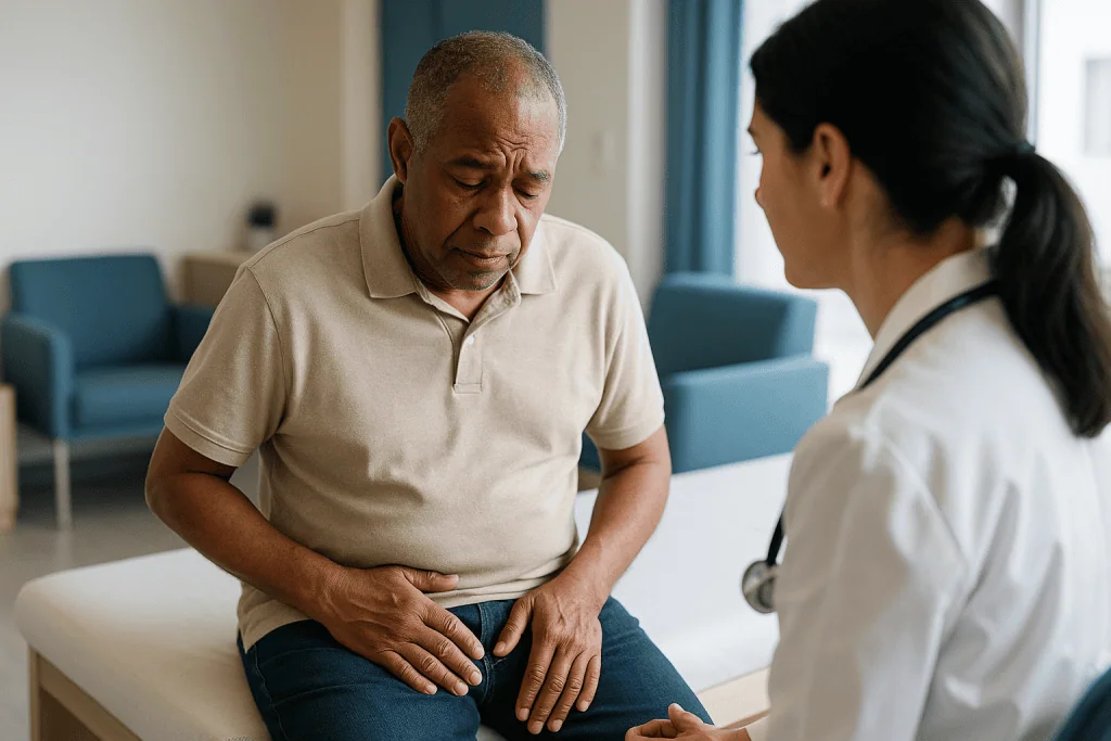 Senior man consulting with female doctor about abdominal pain: What are the first signs of prostate problems?