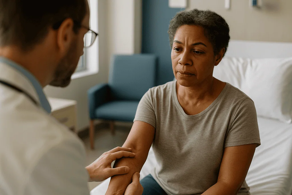 Doctor examining patient arm in hospital room: What are the five most common immune-related adverse events?