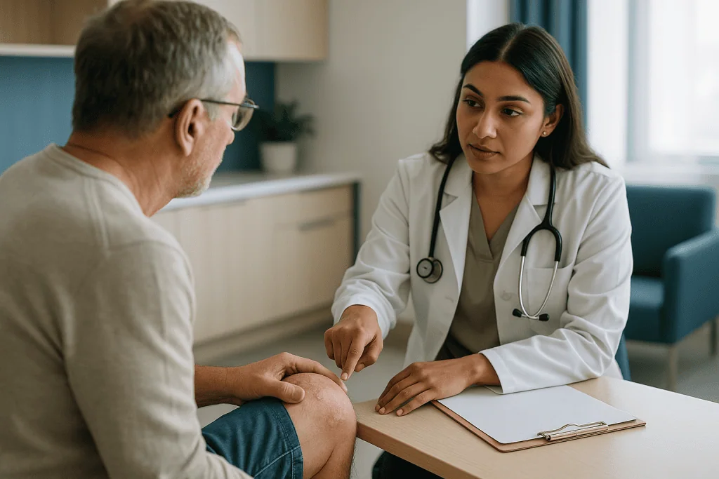 Doctor examining patient's knee during consultation: What are the five types of psoriatic arthritis?