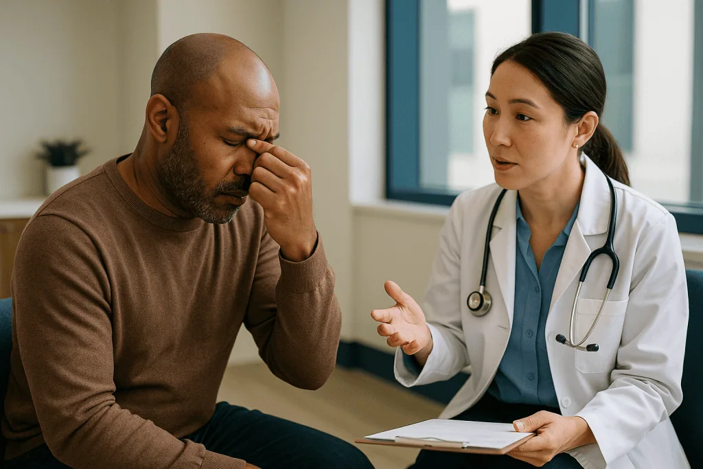 Doctor consulting patient in office setting: What are the four cardinal signs of sinusitis?