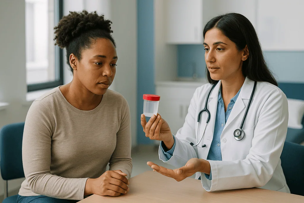 Doctor consulting patient, holding specimen container: What are the four types of artificial insemination, and how do they d