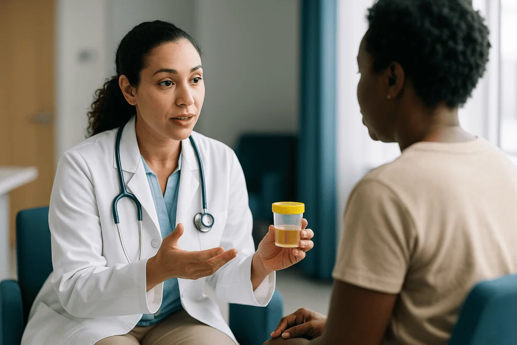 Doctor consulting patient, holding specimen container: What are the four types of urine collection?