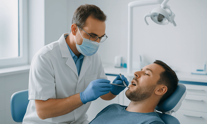 Dentist performing oral exam on patient in dental clinic.