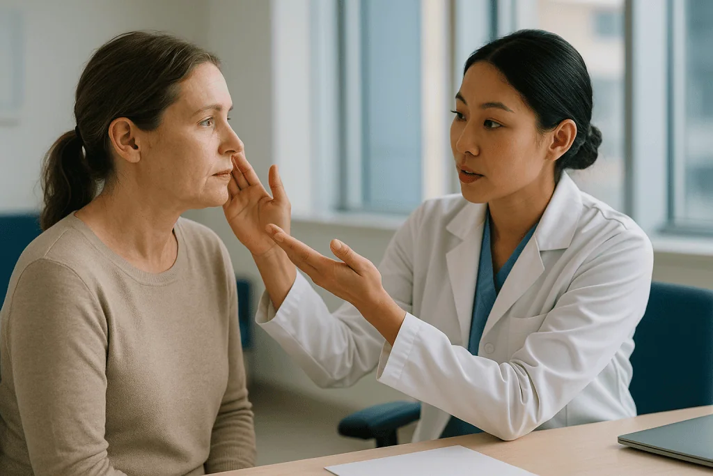 Doctor consulting patient about facial concerns: What are the main cheek augmentation risks people should weigh?