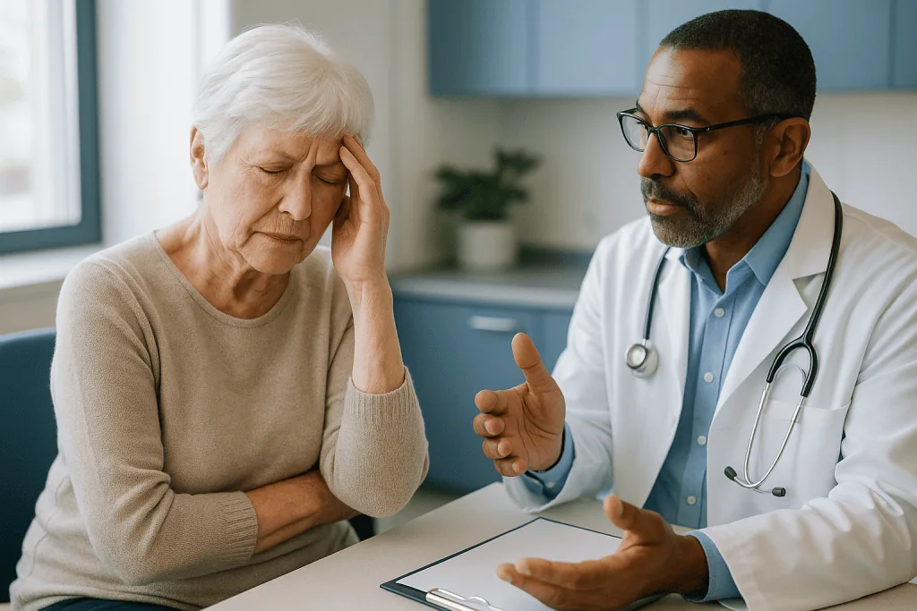 Senior patient consulting doctor about symptoms: What are the most common causes of vertigo in older adults?