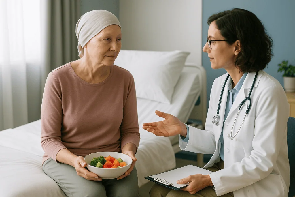 Doctor consulting patient about nutrition during cancer care: What are the needs of cancer patients during treatment?