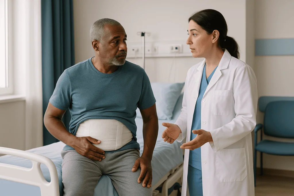 Doctor consulting with male patient about abdominal condition: What are the potential downsides of robotic cholecystectomy?