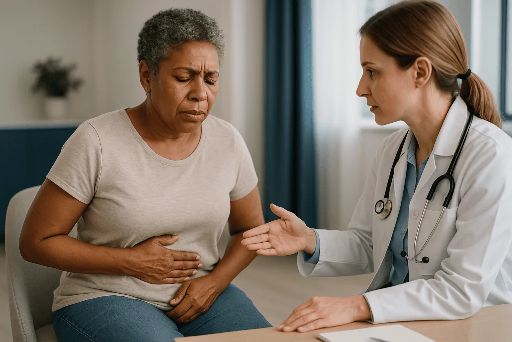Doctor consulting with patient about abdominal symptoms: What are the potential side effects of removing a gastric balloon?