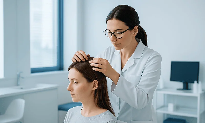Medical professional examining a patient's scalp in a clinical setting.