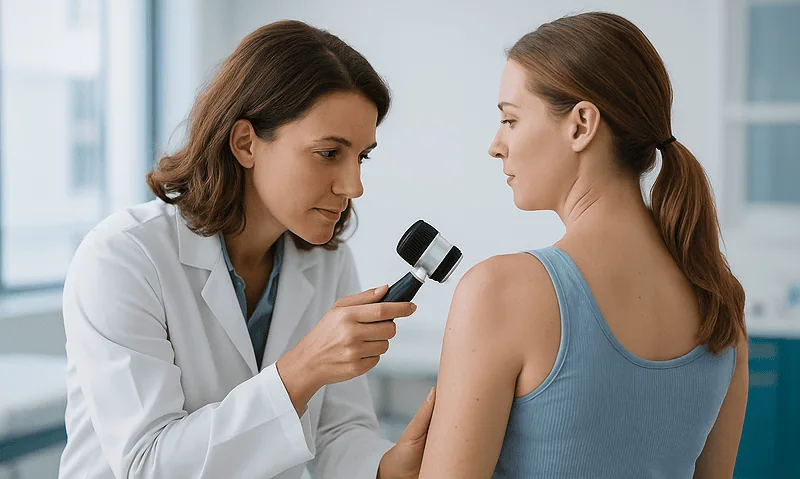 Doctor examining patient's shoulder with a dermatoscope in clinic.