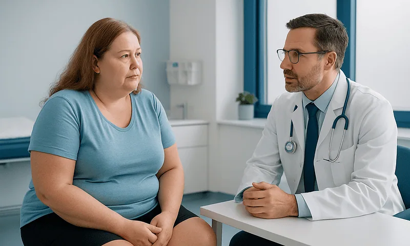 Doctor consulting with a woman patient in a medical office.