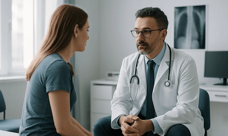 Doctor consulting with a female patient in a medical office setting.