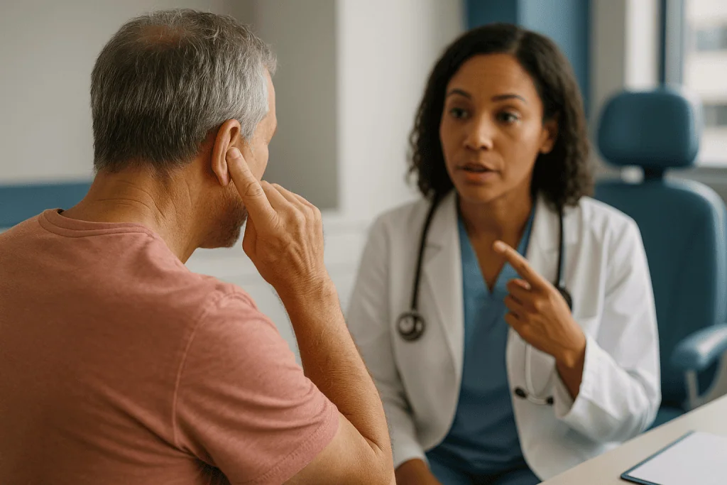Doctor consulting patient about ear condition in clinic: What are the signs of earwax blockage, and why they overlap with ot