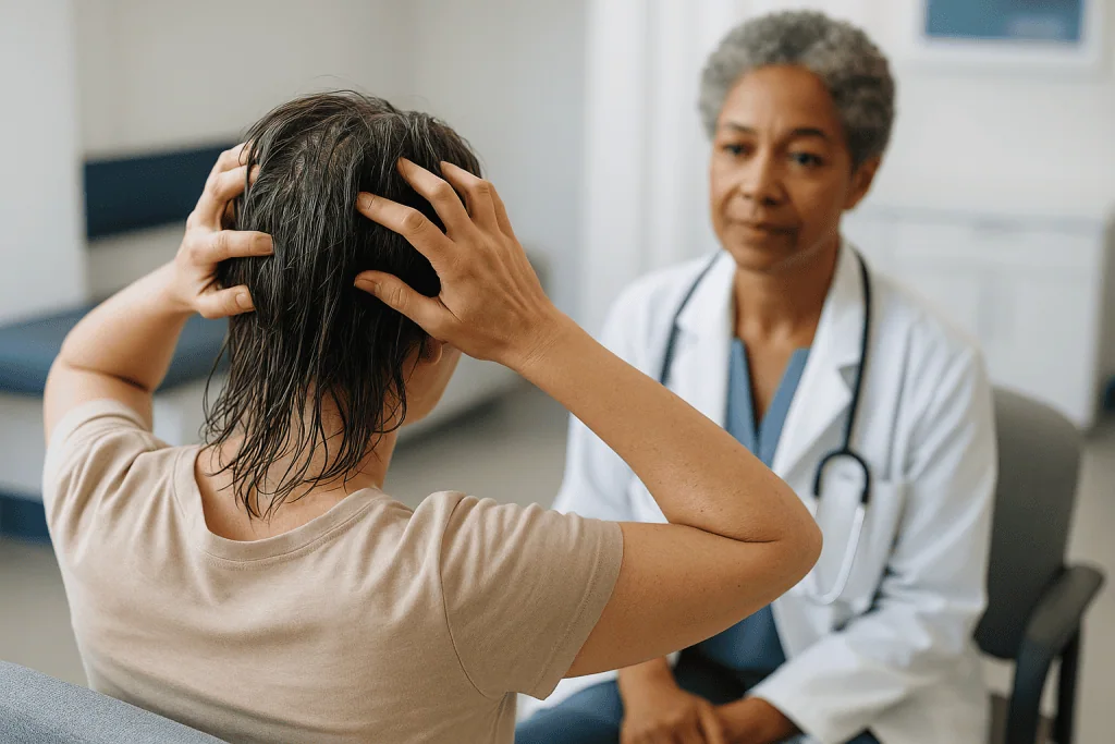 Patient consulting dermatologist about scalp or hair condition — What Are the Signs of Overwashing Hair?