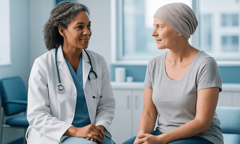 Doctor consulting with a patient undergoing breast reconstruction treatment.