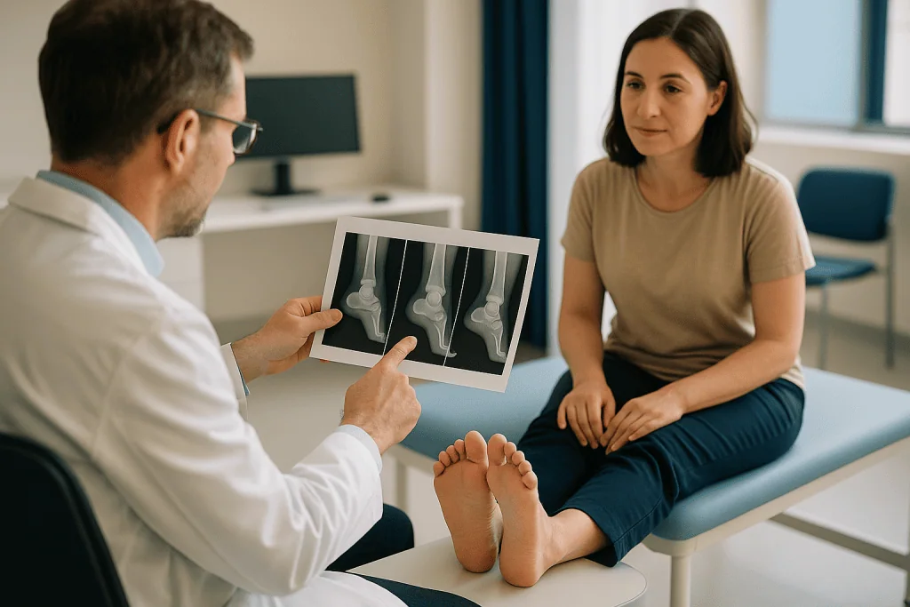 Orthopedic doctor reviewing foot X-rays with patient: What are the stages of flatfoot deformity in adults?