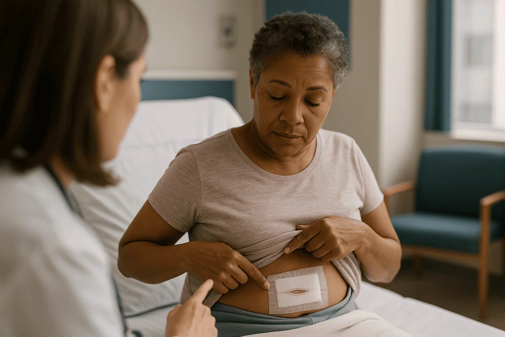 Healthcare provider examining surgical wound with bandage: What are the symptoms of an infected surgical incision?