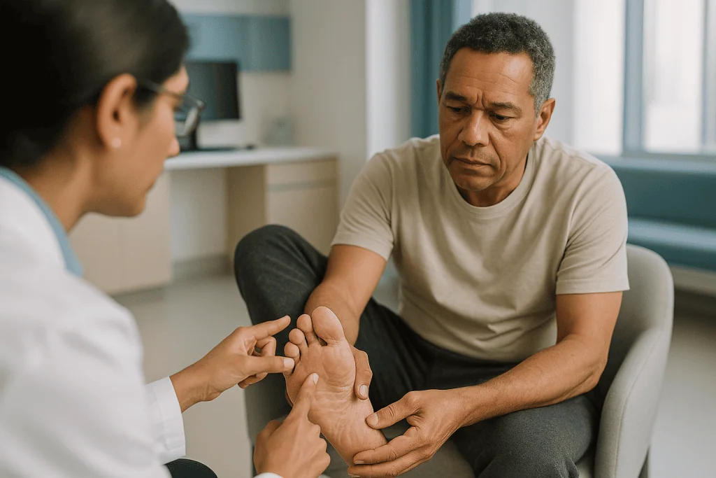 Healthcare provider examining patient's foot during consultation: What are the symptoms of athlete's foot? Five signs and th