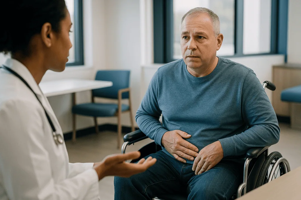 Healthcare provider consulting with male patient in wheelchair: What are the symptoms of neurogenic bladder?