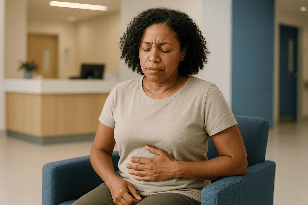Woman experiencing digestive discomfort, holding stomach: What are the symptoms of poor gut health?