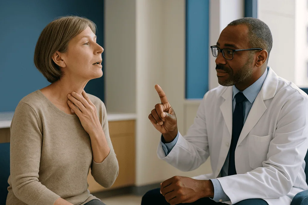 Doctor in white coat discussing with adult patient: What are the vocal folds doing when pitch changes?