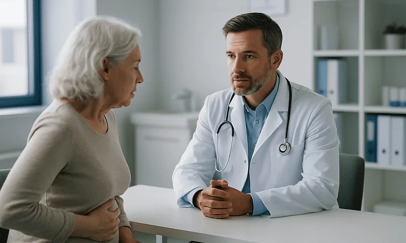 Doctor consulting with an elderly woman in a medical office.