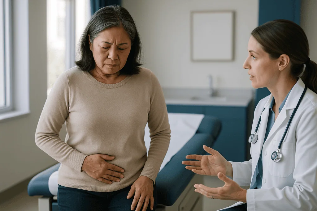 Doctor consulting patient about abdominal pain in clinic: What are the warning signs of a bladder infection, and why do they