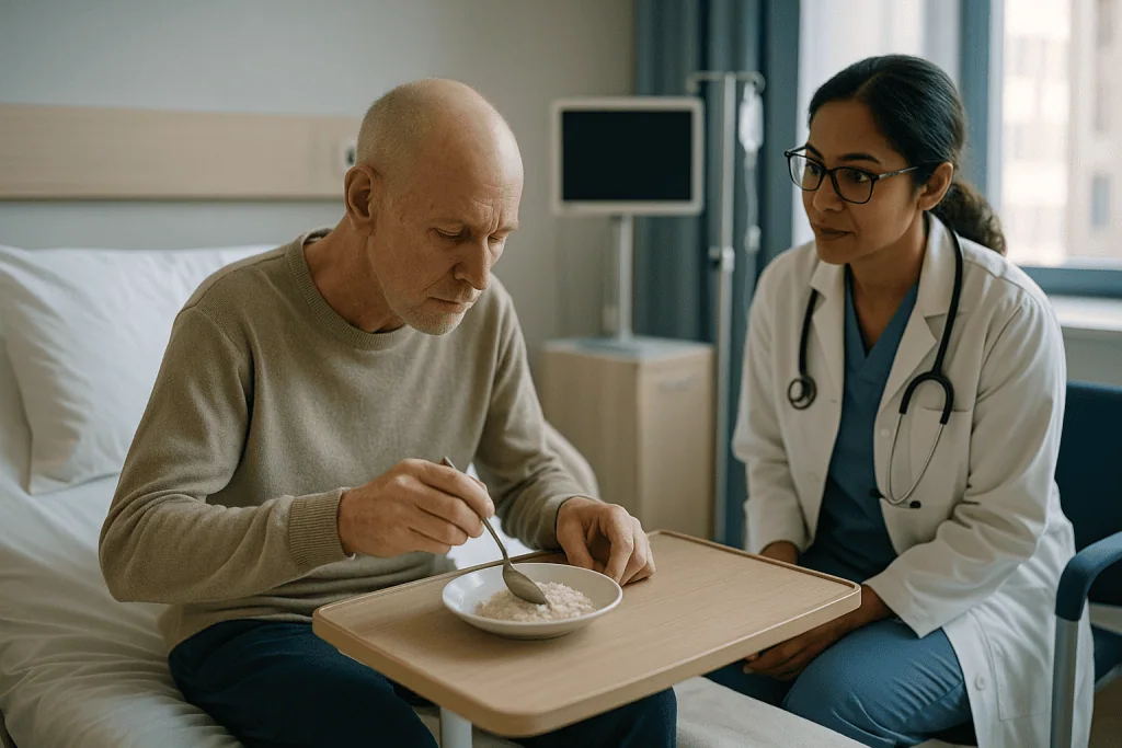 Doctor observing patient eating food during hospital visit: What are the worst days after a bone marrow transplant?