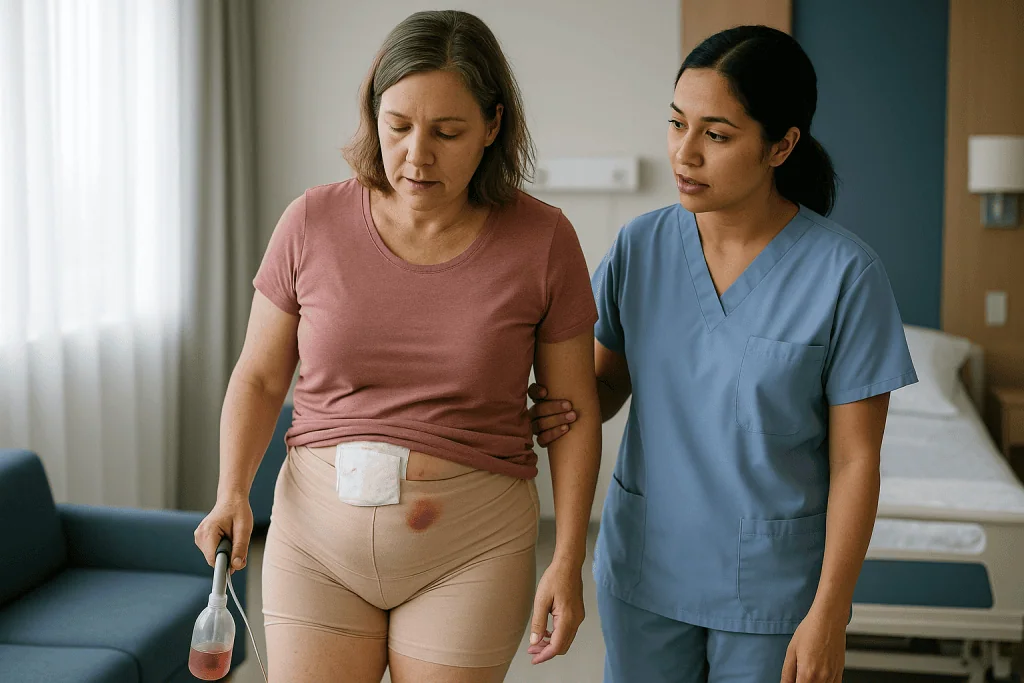 Patient with abdominal bandage and drainage tube post-surgery: What are the worst days after liposuction?