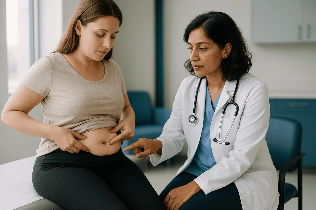 Doctor examining patient's abdomen during consultation: What are tummy tuck dog ears, and why do they form?