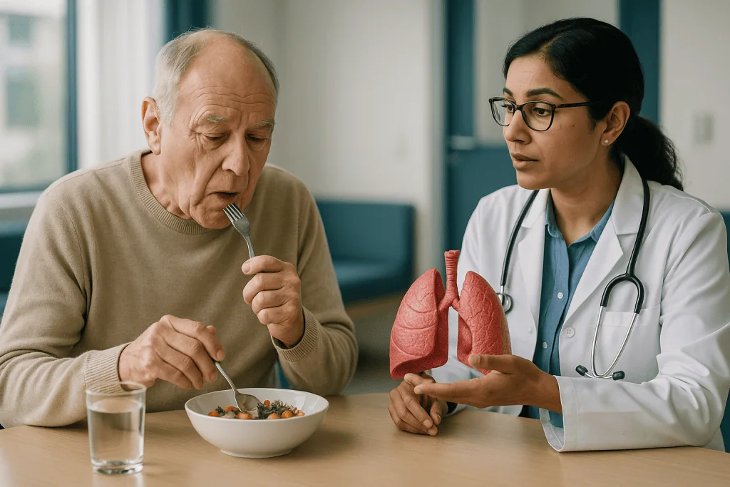 Doctor consulting elderly patient about lungs during meal: What asbestos actually does inside the lung