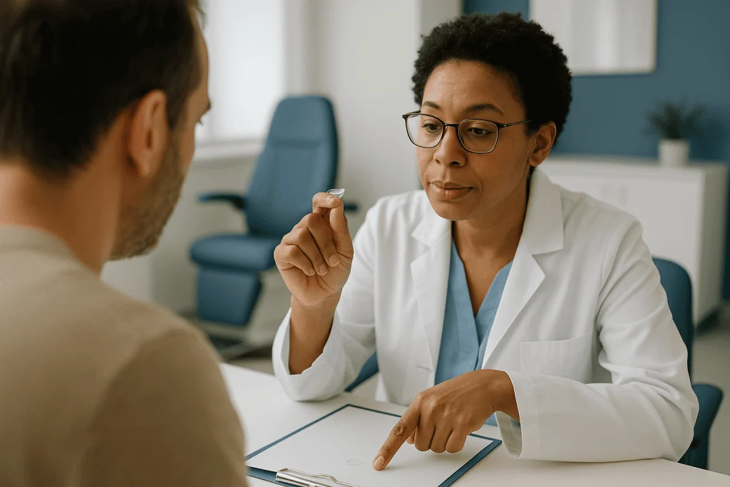 Doctor consulting patient about eyeglasses prescription: What base curve and diameter mean on a contact lens prescription
