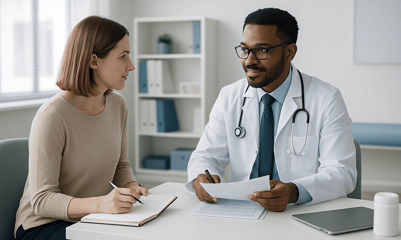 Doctor consulting with a female patient in a modern clinic setting.
