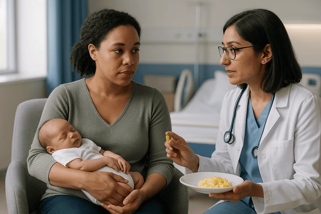 Doctor consulting mother holding newborn infant: What bilirubin actually is, and where it is supposed to go