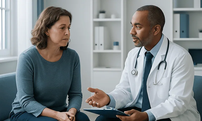 Doctor consulting with a middle-aged woman in a medical office.