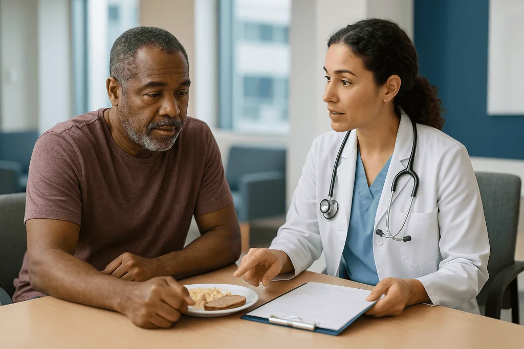 Doctor consulting patient about diet or nutrition: What blood tests show, and what they cannot