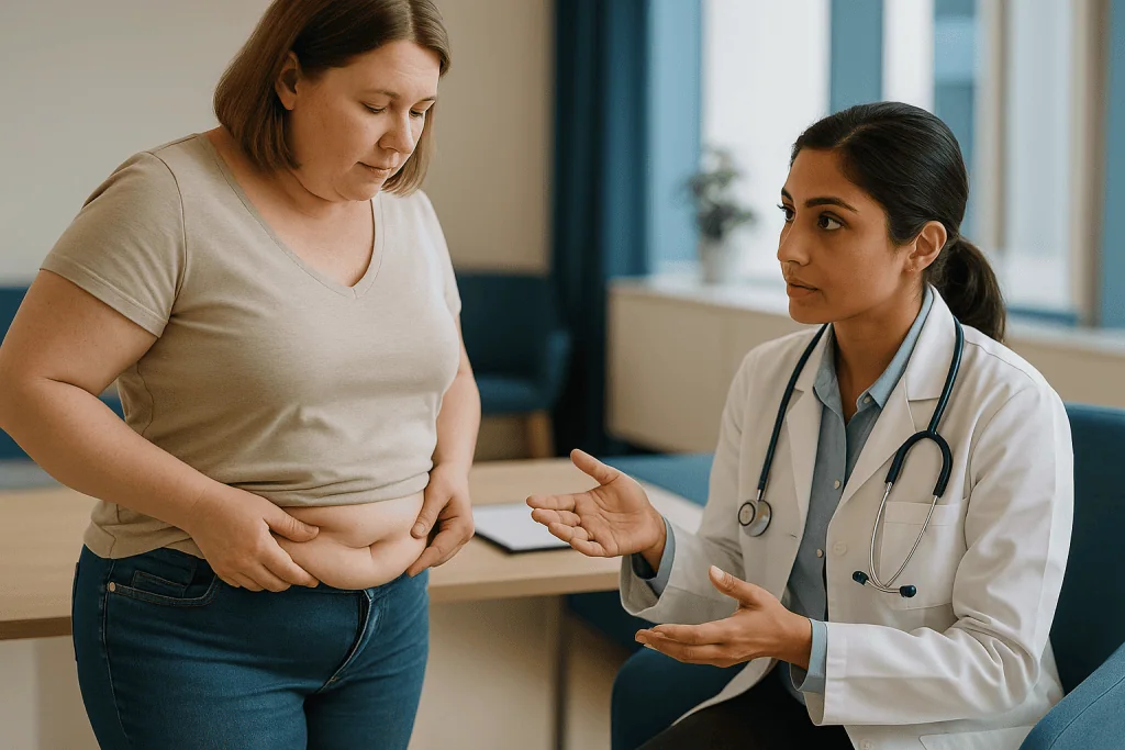 Doctor consulting with patient about weight and body composition: What body contouring after major weight loss actually invo