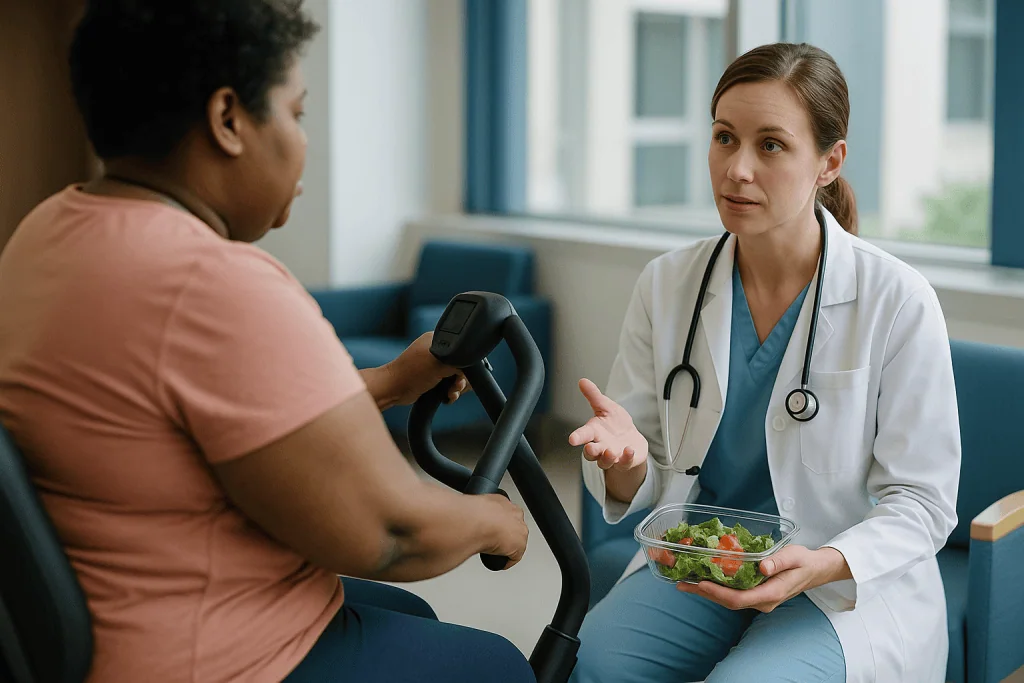 Doctor consulting patient on exercise bike about nutrition: What breaks up lipedema fat, and why diet alone rarely does?