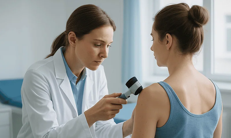 Doctor examining woman's breast after prosthesis removal in clinic.