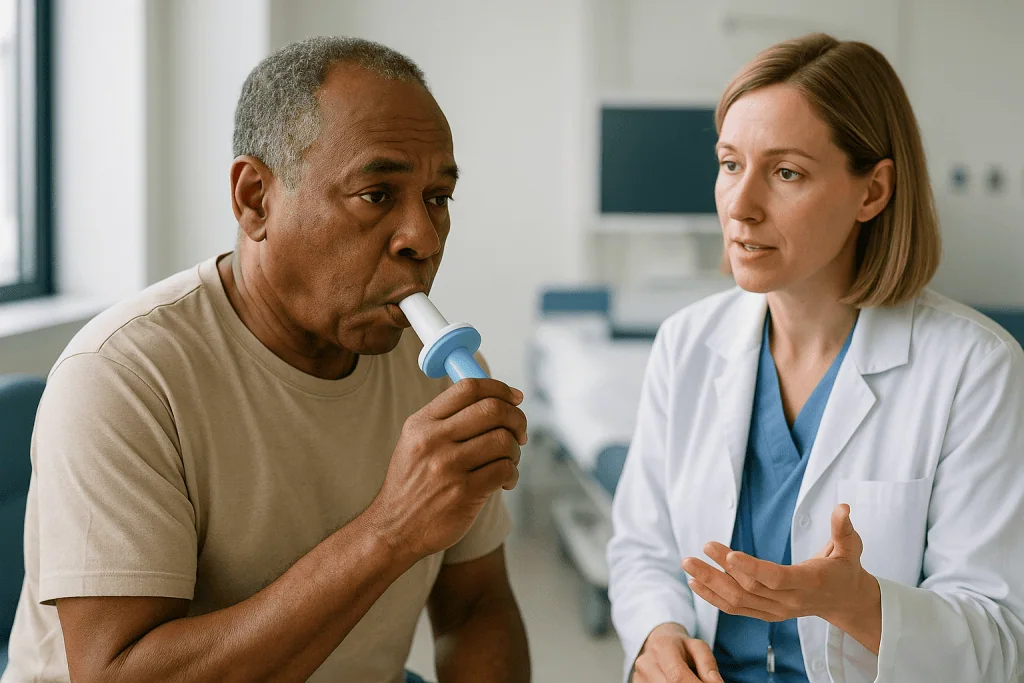 Doctor consulting with older male patient using inhaler: What breathing tests before lung surgery actually measure