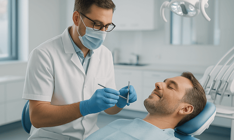 Dentist examining patient's teeth in a clinical setting.
